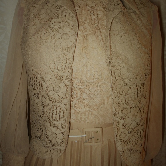 Vintage pleated lace dress tan polyester size 14 - Picture 1 of 5